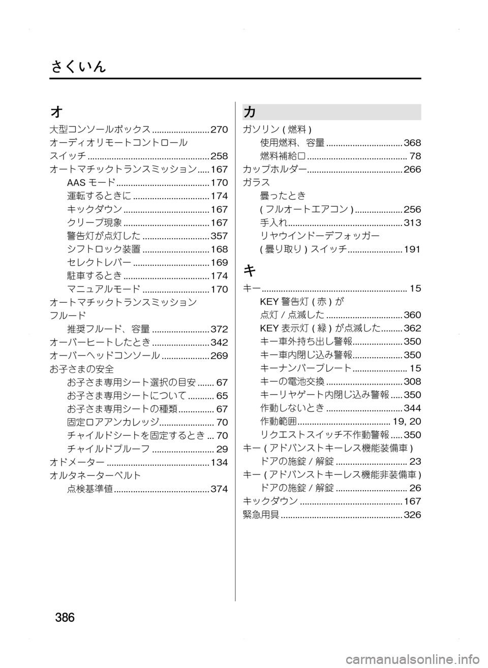 MAZDA MODEL CX-5 2012 取扱説明書 (in Japanese) 386
さくいん
オ
大型コンソールボックス.........................270
オーディオリモートコントロール.
スイッチ....................................................258
MAZDA MODEL CX-5 2012 取扱説明書 (in Japanese) 386
さくいん
オ
大型コンソールボックス.........................270
オーディオリモートコントロール.
スイッチ....................................................258