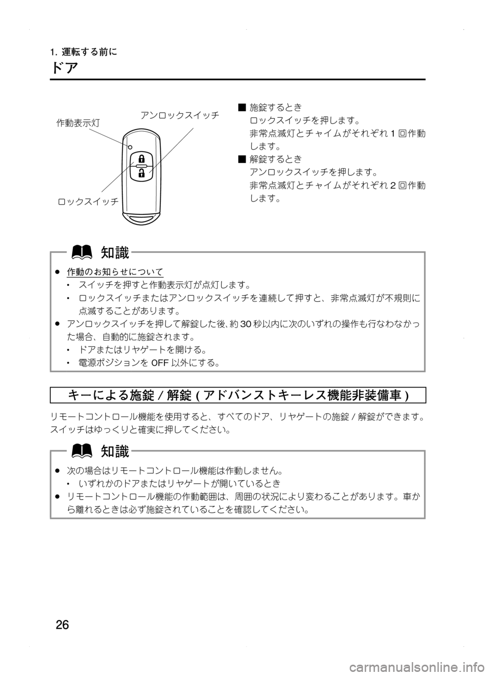 MAZDA MODEL CX-5 2012  取扱説明書 (in Japanese) 26
1.	運転する前に
ドア
é¿«µ ¿½žïé¿«µ ¿½
^ˆ
¯Ôn
.■施錠するとき
ロックスイッチを押します。
非常点滅灯とチャイムがそれぞ