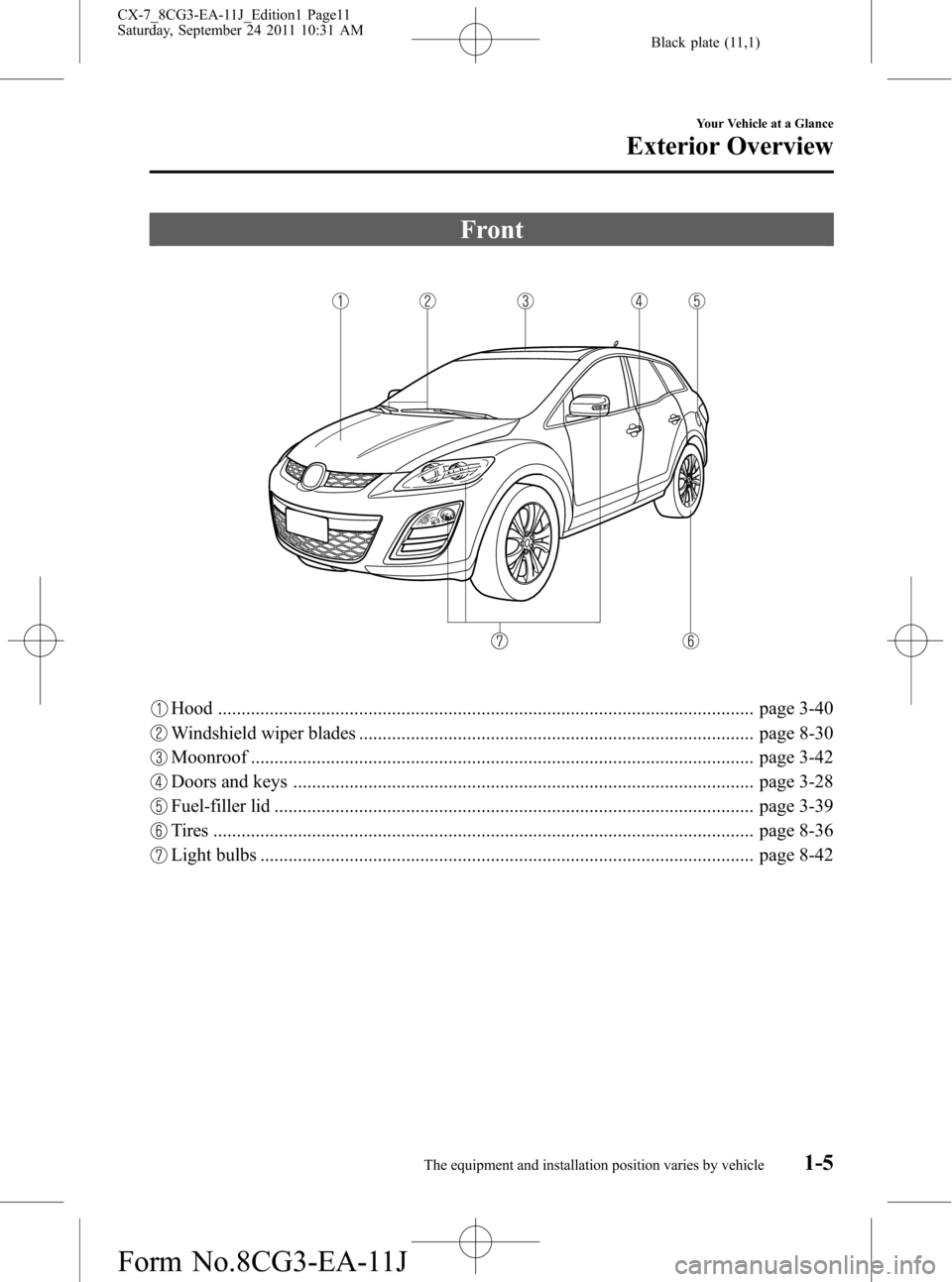 MAZDA MODEL CX-7 2012  Owners Manual (in English) Black plate (11,1)
Front
Hood .................................................................................................................. page 3-40
Windshield wiper blades .....................