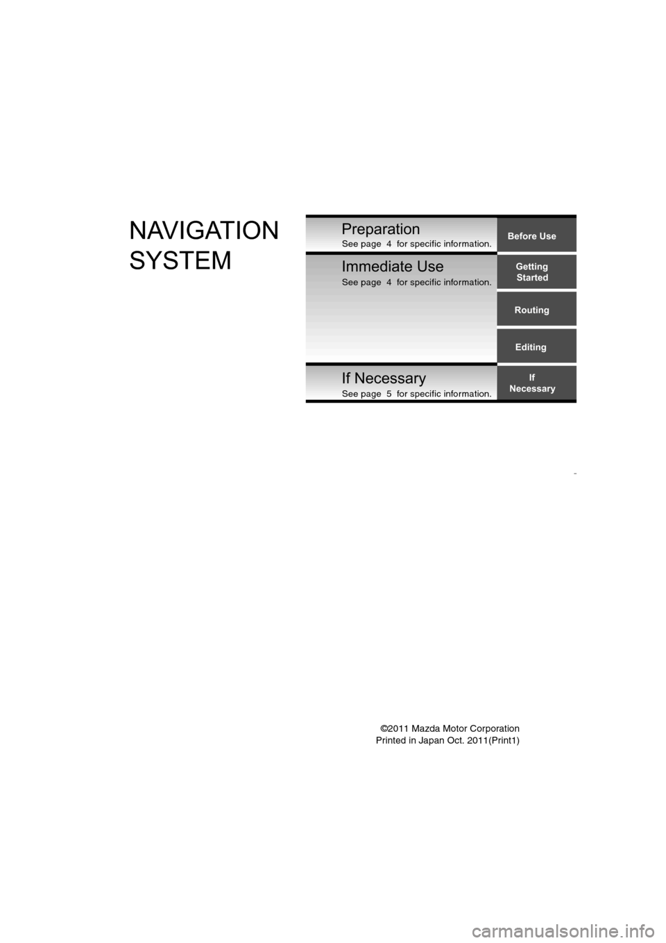 MAZDA MODEL CX-7 2012  Navigation Manual (in English) ©2011 Mazda Motor Corporation
Printed in Japan Oct. 2011(Print1)
Before Use
GettingStarted
Routing
Editing If
NecessaryPreparationNAVIGATION 
SYSTEM
Immediate Use
If Necessary
See page  5  for specif