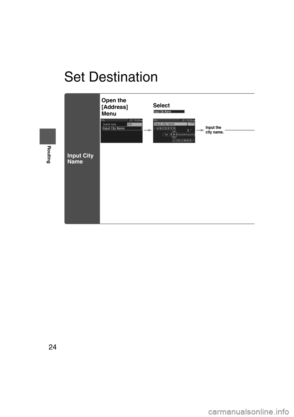 MAZDA MODEL CX-7 2012  Navigation Manual (in English) 24
Before 
UseGetting
started
Routing
Set Destination
Input City 
Name
Open the 
[Address] 
Menu Select
Input the 
city name.
Notes
●Once the ddestination
●To add to tof the first 
●To re-set t

