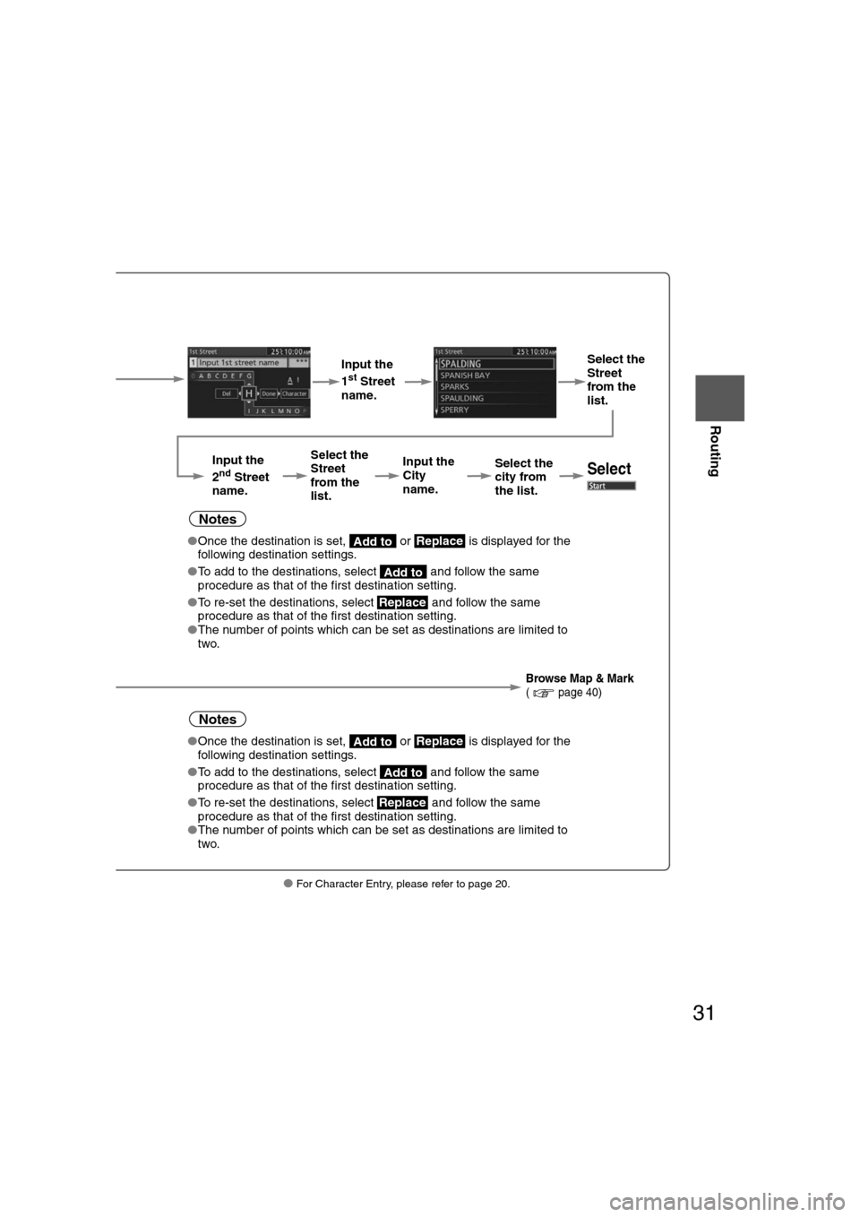 MAZDA MODEL CX-7 2012 Navigation Manual (in English) 31
Before
UseGetting
started
Routing
● For Character Entry, please refer to page 20.
Select
( page 22)
Input the
1st Street
name. Select the
Street
from the
list.
Input the
2
nd Street
name MAZDA MODEL CX-7 2012 Navigation Manual (in English) 31
Before
UseGetting
started
Routing
● For Character Entry, please refer to page 20.
Select
( page 22)
Input the
1st Street
name. Select the
Street
from the
list.
Input the
2
nd Street
name