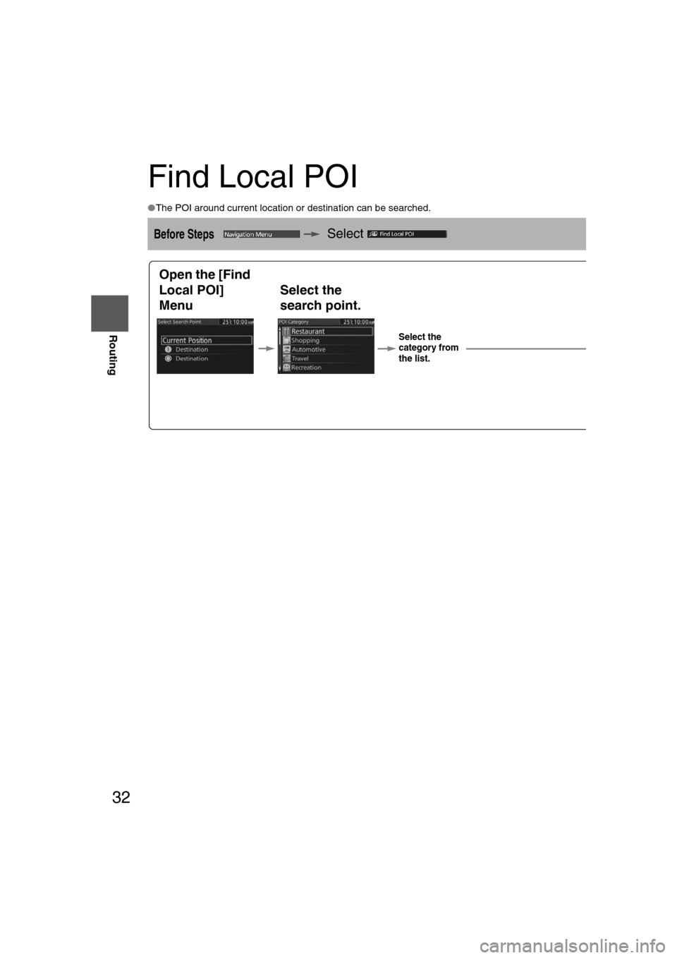 MAZDA MODEL CX-7 2012  Navigation Manual (in English) 32
Before 
UseGetting
started
Routing
Find Local POI
●
The POI around current location or destination can be searched.
Before Steps   Select 
Open the [Find 
Local POI] 
Menu Select the 
search poin