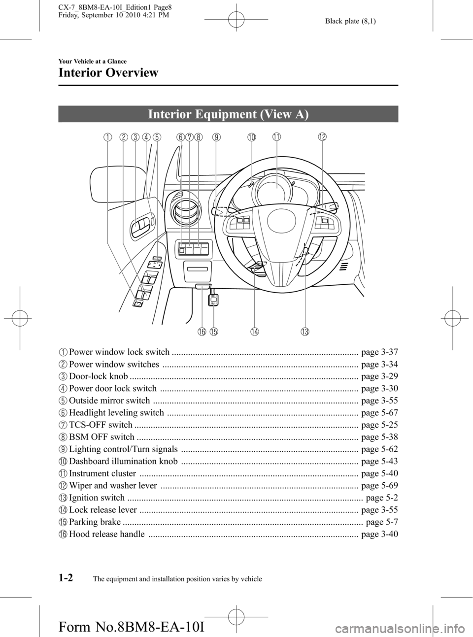 MAZDA MODEL CX-7 2011  Owners Manual (in English) Black plate (8,1)
Interior Equipment (View A)
Power window lock switch ................................................................................ page 3-37
Power window switches ................