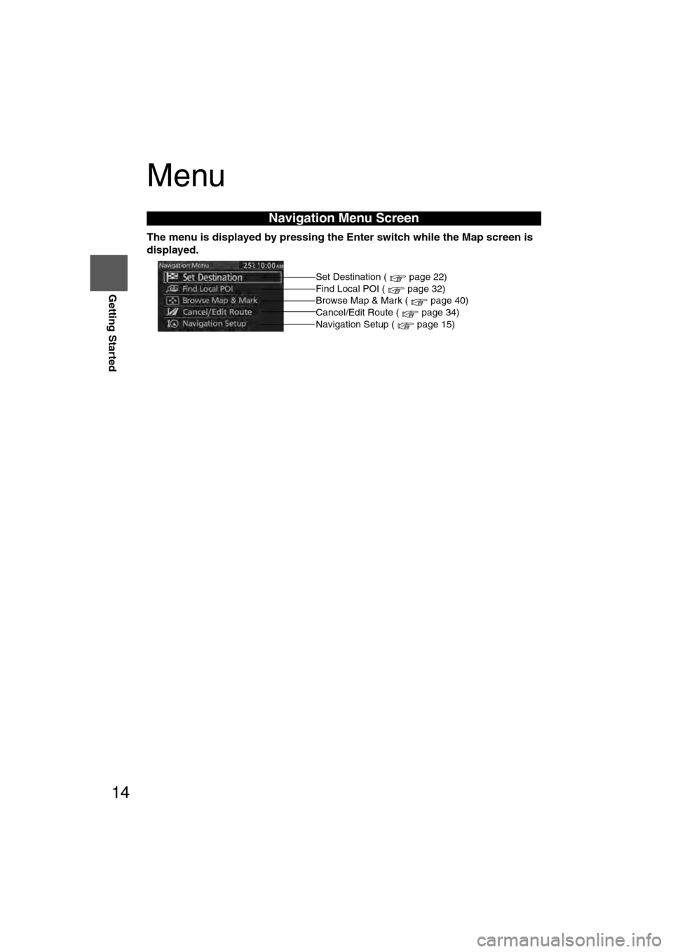 MAZDA MODEL CX-7 2011  Navigation Manual (in English) 14
RoutingAddress 
Book
Getting Started
Menu
The menu is displayed by pressing the Enter switch while the Map screen is 
displayed.
Navigation Menu Screen
Set Destination ( page 22)
Find Local POI ( p
