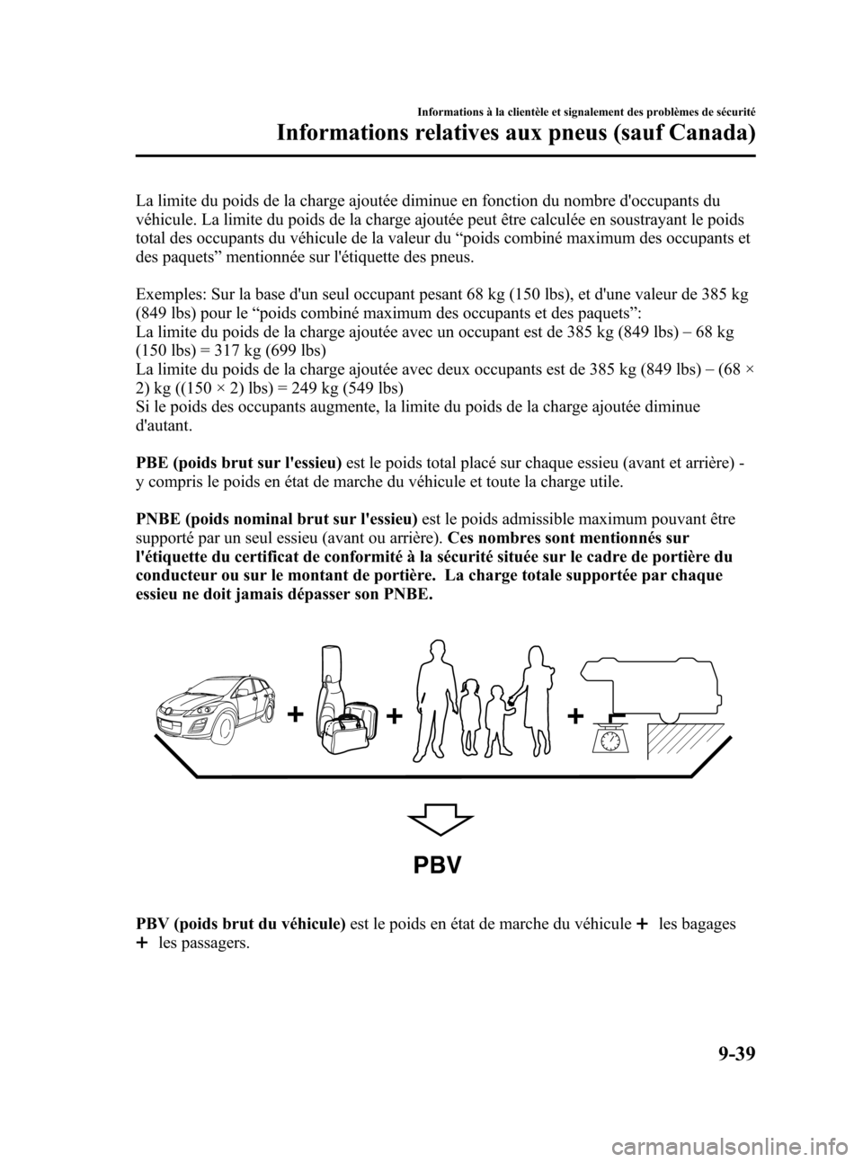 MAZDA MODEL CX-7 2011 Manuel du propriétaire (in French) Black plate (547,1)
La limite du poids de la charge ajoutée diminue en fonction du nombre doccupants du
véhicule. La limite du poids de la charge ajoutée peut être calculée en soustrayant le poi MAZDA MODEL CX-7 2011 Manuel du propriétaire (in French) Black plate (547,1)
La limite du poids de la charge ajoutée diminue en fonction du nombre doccupants du
véhicule. La limite du poids de la charge ajoutée peut être calculée en soustrayant le poi