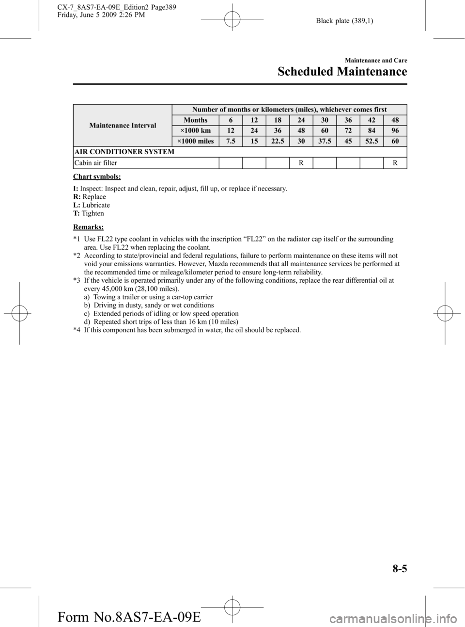 MAZDA MODEL CX-7 2010  Owners Manual (in English) Black plate (389,1)
Maintenance IntervalNumber of months or kilometers (miles), whichever comes first
Months 6 12 18 24 30 36 42 48
×1000 km 12 24 36 48 60 72 84 96
×1000 miles 7.5 15 22.5 30 37.5 4