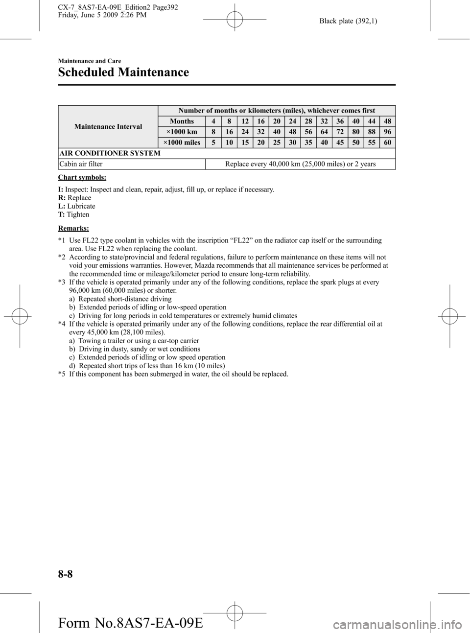 MAZDA MODEL CX-7 2010  Owners Manual (in English) Black plate (392,1)
Maintenance IntervalNumber of months or kilometers (miles), whichever comes first
Months 4 8 12 16 20 24 28 32 36 40 44 48
×1000 km 8 16 24 32 40 48 56 64 72 80 88 96
×1000 miles