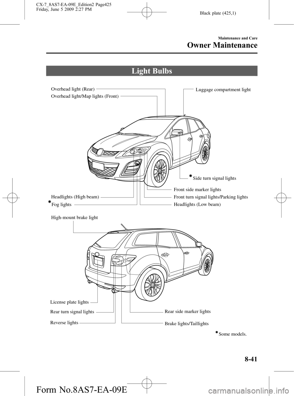 MAZDA MODEL CX-7 2010 Owners Manual (in English) Black plate (425,1)
Light Bulbs
Headlights (Low beam) Headlights (High beam)
High-mount brake lightFog lights
Front turn signal lights/Parking lightsSide turn signal lights
License plate lights
Brake MAZDA MODEL CX-7 2010 Owners Manual (in English) Black plate (425,1)
Light Bulbs
Headlights (Low beam) Headlights (High beam)
High-mount brake lightFog lights
Front turn signal lights/Parking lightsSide turn signal lights
License plate lights
Brake