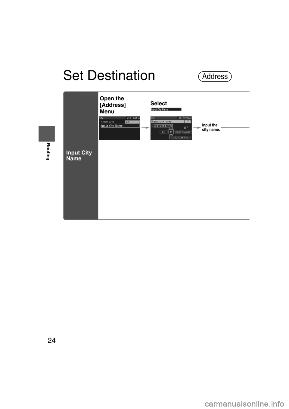 MAZDA MODEL CX-7 2010  Navigation Manual (in English) 24
Before 
UseGetting
started
Routing
Set Destination
Input City 
Name
Address
Open the 
[Address] 
MenuSelect
Input the 
city name.
Notes
lOnce the ddestination
lTo add to tof the first 
lTo re-set t