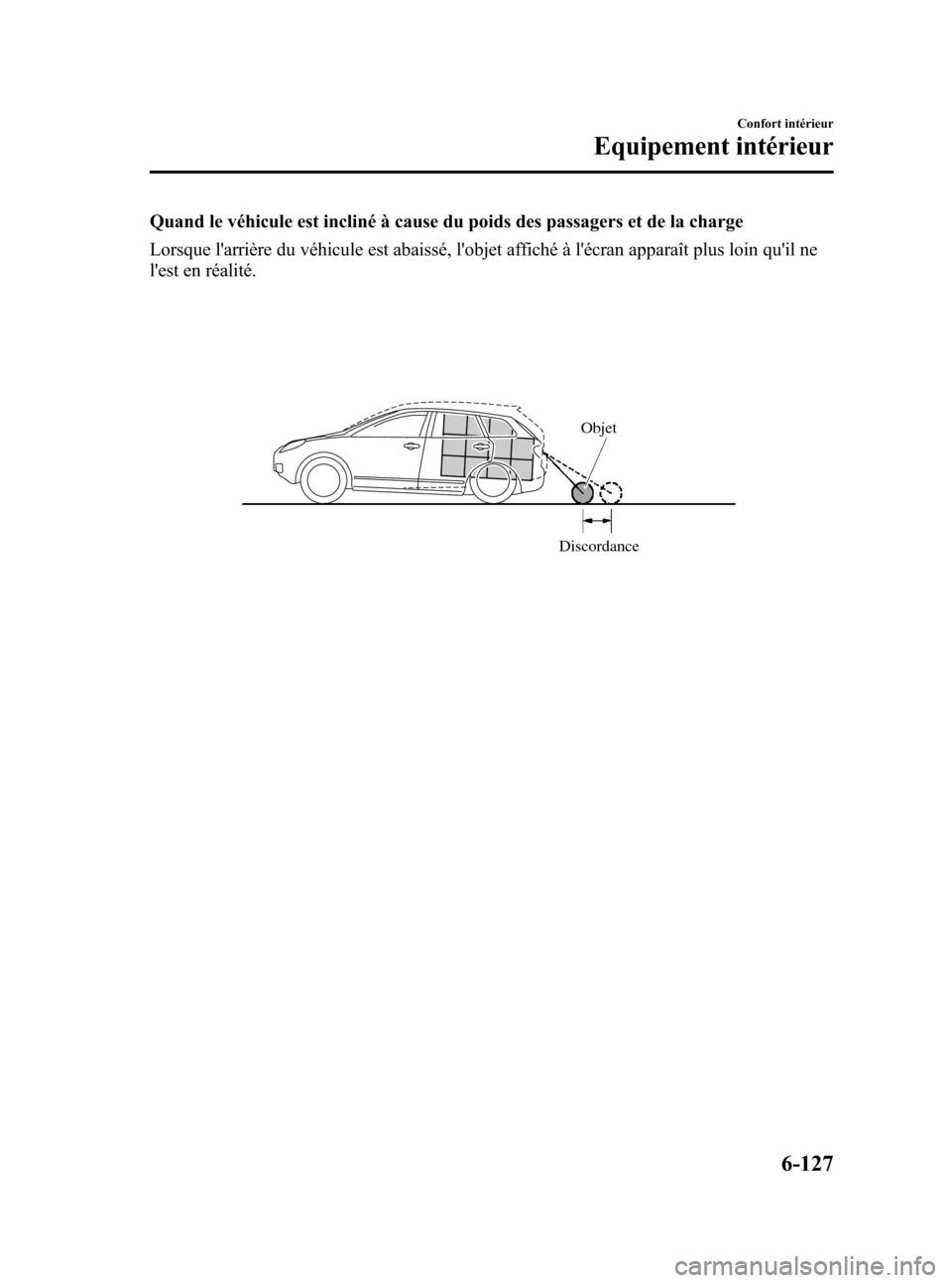 MAZDA MODEL CX-7 2010 Manuel du propriétaire (in French) Black plate (397,1)
Quand le véhicule est incliné à cause du poids des passagers et de la charge
Lorsque larrière du véhicule est abaissé, lobjet affiché à lécran apparaît plus loin quil MAZDA MODEL CX-7 2010 Manuel du propriétaire (in French) Black plate (397,1)
Quand le véhicule est incliné à cause du poids des passagers et de la charge
Lorsque larrière du véhicule est abaissé, lobjet affiché à lécran apparaît plus loin quil