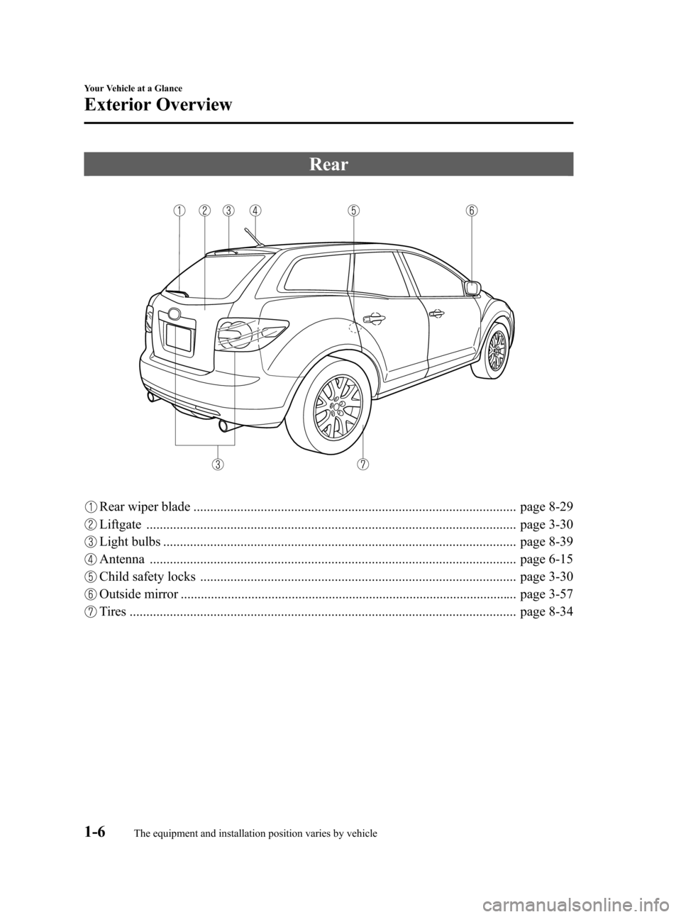 MAZDA MODEL CX-7 2009  Owners Manual (in English) Black plate (12,1)
Rear
Rear wiper blade ................................................................................................ page 8-29
Liftgate ...........................................