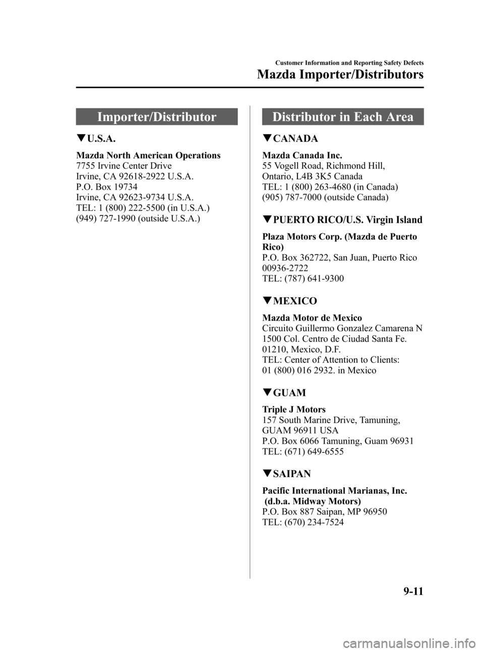 MAZDA MODEL CX-7 2009 Owners Manual (in English) Black plate (403,1)
Importer/Distributor
qU.S.A.
Mazda North American Operations
7755 Irvine Center Drive
Irvine, CA 92618-2922 U.S.A.
P.O. Box 19734
Irvine, CA 92623-9734 U.S.A.
TEL: 1 (800) 222-5500 MAZDA MODEL CX-7 2009 Owners Manual (in English) Black plate (403,1)
Importer/Distributor
qU.S.A.
Mazda North American Operations
7755 Irvine Center Drive
Irvine, CA 92618-2922 U.S.A.
P.O. Box 19734
Irvine, CA 92623-9734 U.S.A.
TEL: 1 (800) 222-5500