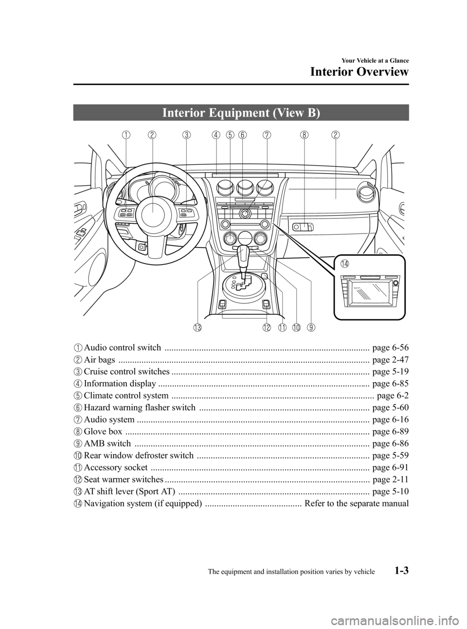 MAZDA MODEL CX-7 2009  Owners Manual (in English) Black plate (9,1)
Interior Equipment (View B)
Audio control switch ......................................................................................... page 6-56
Air bags ........................