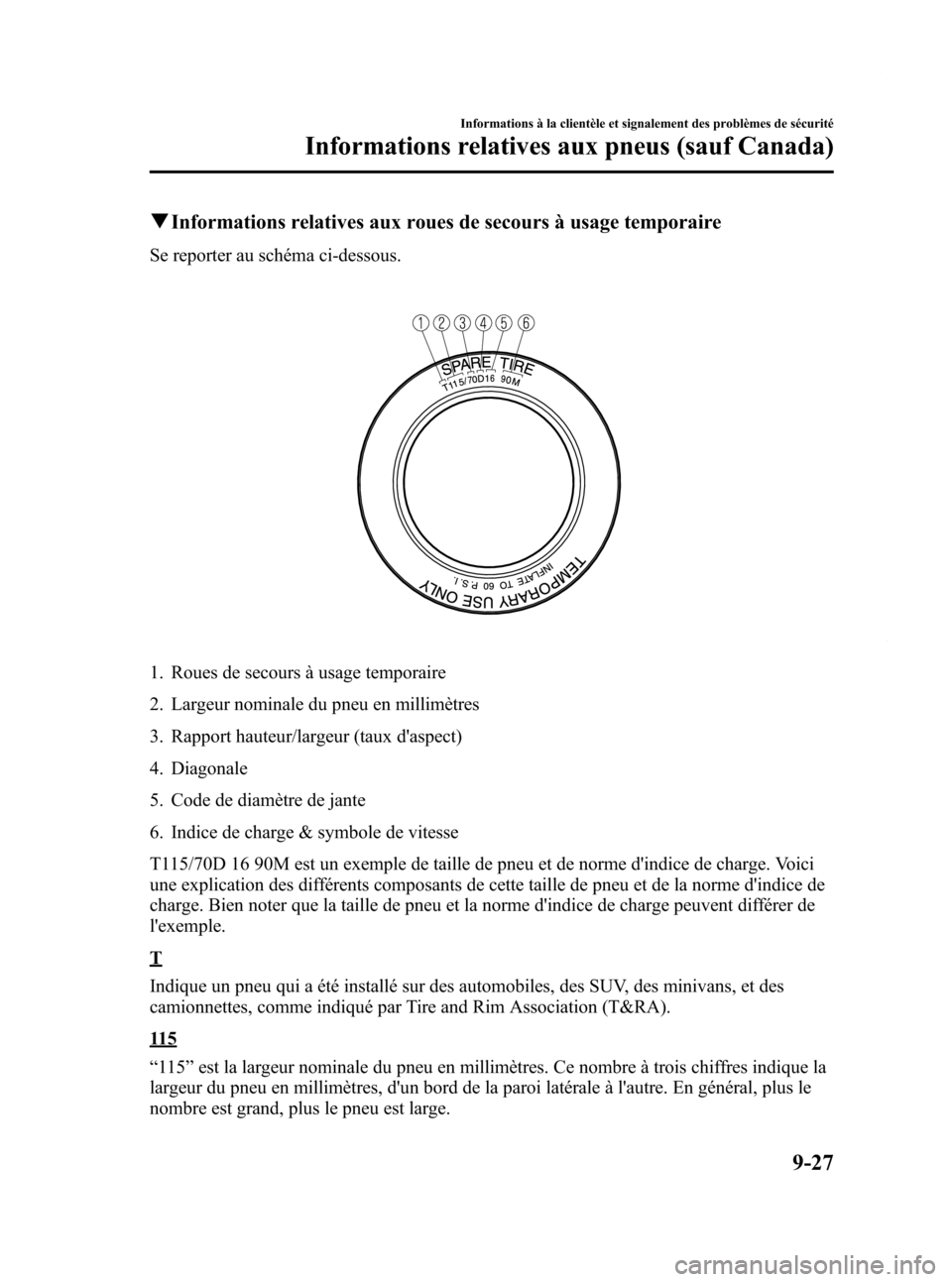 MAZDA MODEL CX-7 2009 Manuel du propriétaire (in French) Black plate (459,1)
qInformations relatives aux roues de secours à usage temporaire
Se reporter au schéma ci-dessous.
1. Roues de secours à usage temporaire
2. Largeur nominale du pneu en millimèt MAZDA MODEL CX-7 2009 Manuel du propriétaire (in French) Black plate (459,1)
qInformations relatives aux roues de secours à usage temporaire
Se reporter au schéma ci-dessous.
1. Roues de secours à usage temporaire
2. Largeur nominale du pneu en millimèt