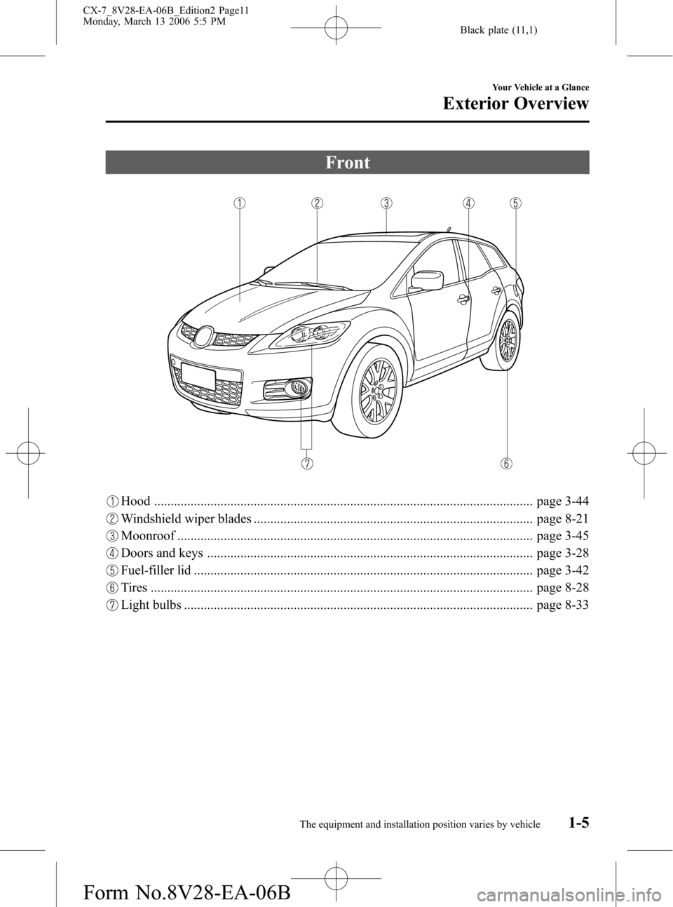 MAZDA MODEL CX-7 2007  Owners Manual (in English) Black plate (11,1)
Front
Hood .................................................................................................................. page 3-44
Windshield wiper blades .....................