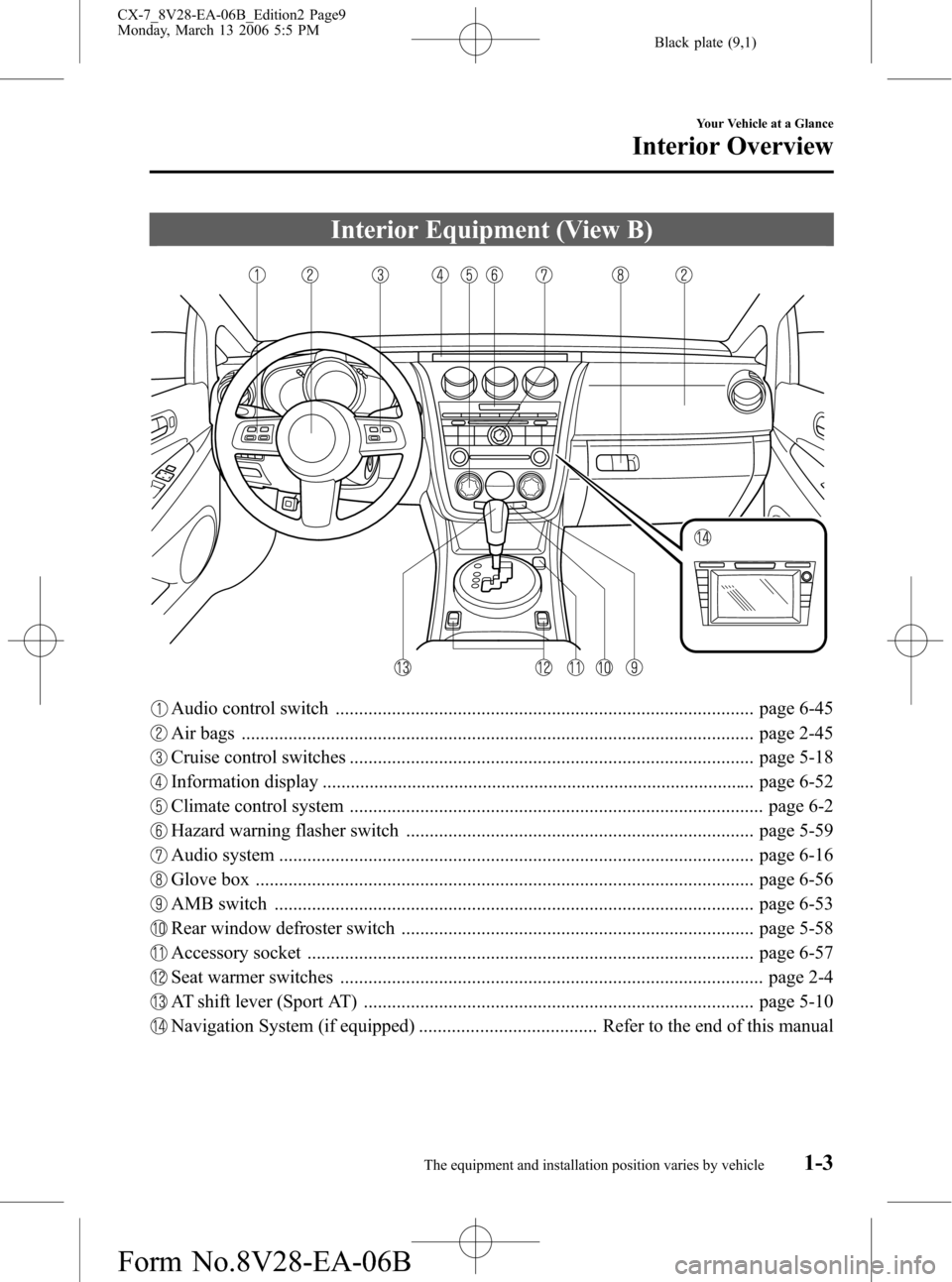 MAZDA MODEL CX-7 2007  Owners Manual (in English) Black plate (9,1)
Interior Equipment (View B)
Audio control switch ......................................................................................... page 6-45
Air bags ........................