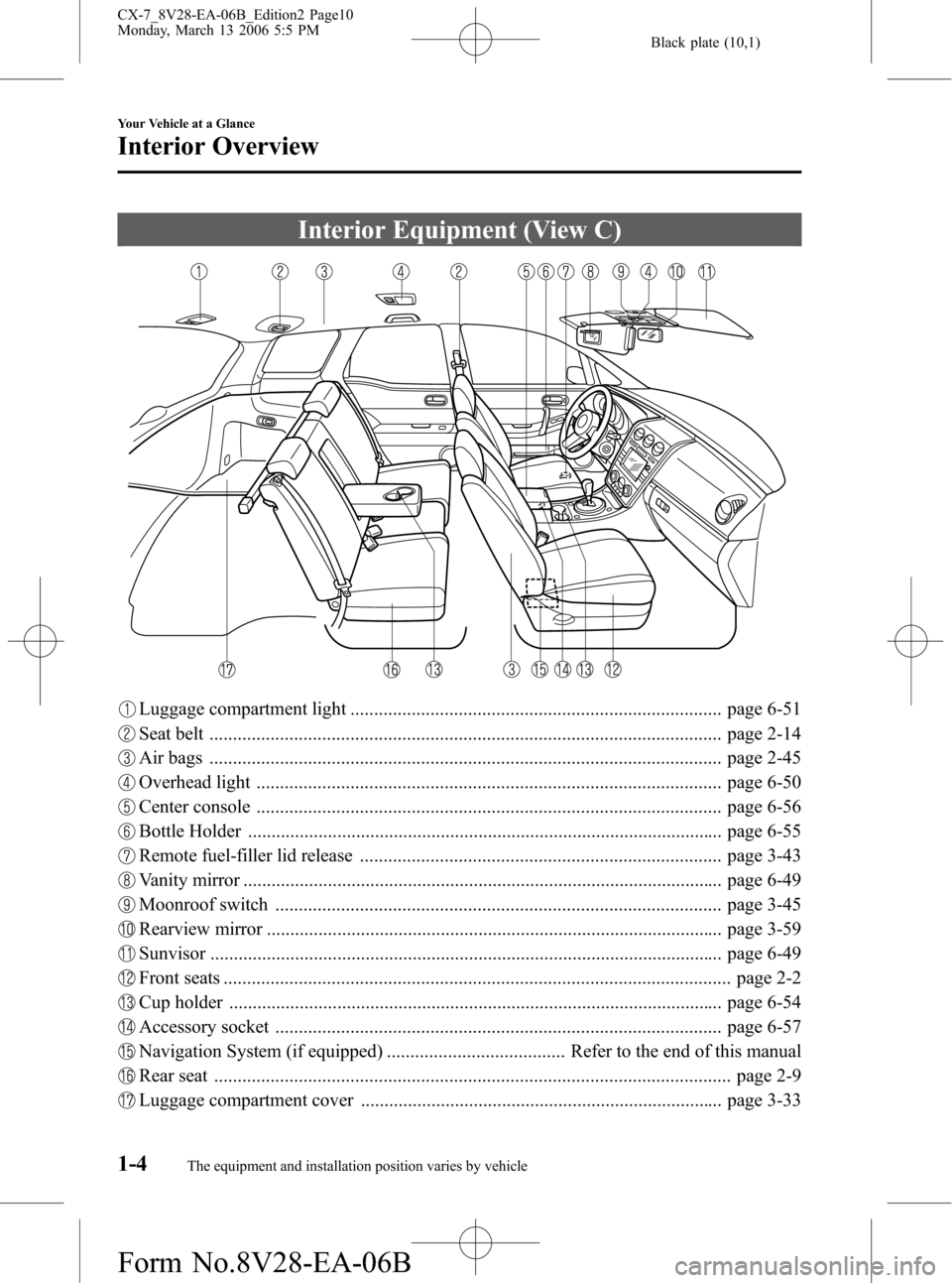 MAZDA MODEL CX-7 2007  Owners Manual (in English) Black plate (10,1)
Interior Equipment (View C)
Luggage compartment light ............................................................................... page 6-51
Seat belt ...........................