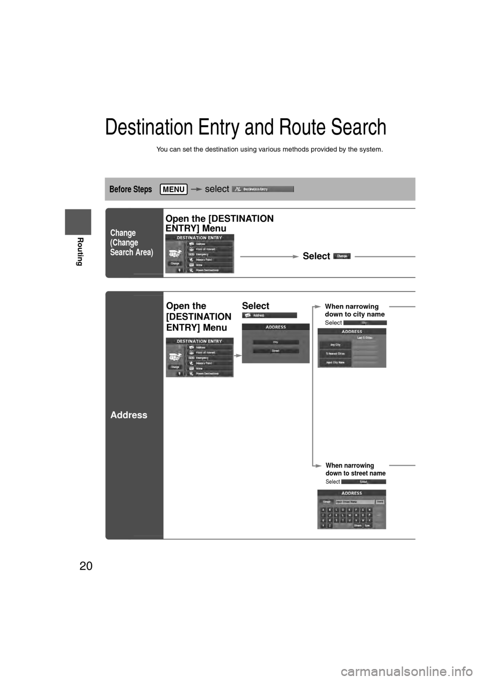 MAZDA MODEL CX-7 2007  Navigation Manual (in English) 20
RoutingAddress
Book
Routing
Destination Entry and Route Search
l
You can set the destination using various methods provided by the system.
Before Steps  select   
Change
(Change
Search Area)
Addres