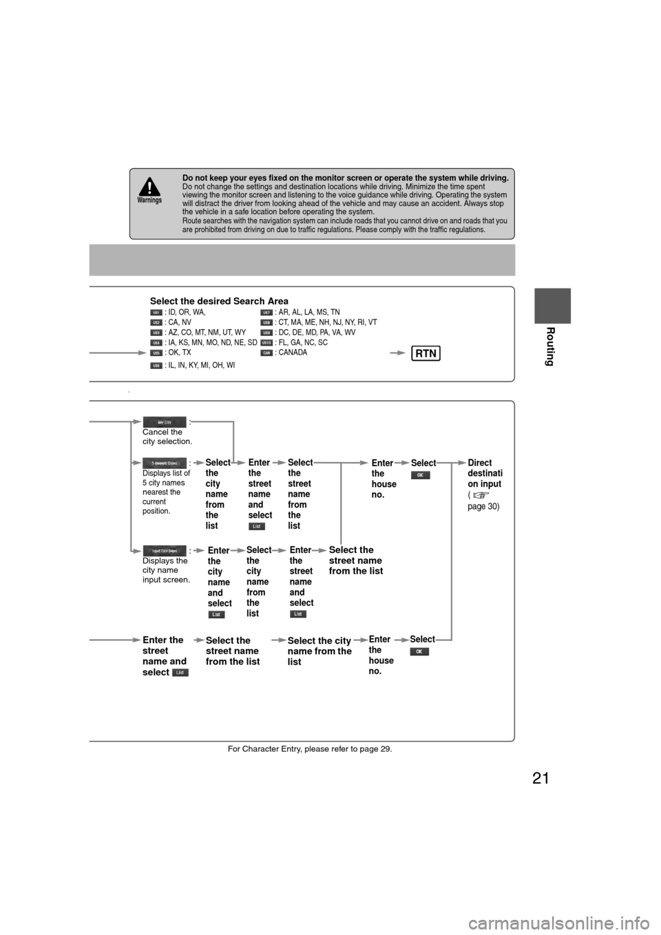 MAZDA MODEL CX-7 2007  Navigation Manual (in English) 21
Routing
If necessary
Rear View 
Monitor
0
lFor Character Entry, please refer to page 29.
lDo not keep your eyes fixed on the monitor screen or operate the system while driving.Do not change the set