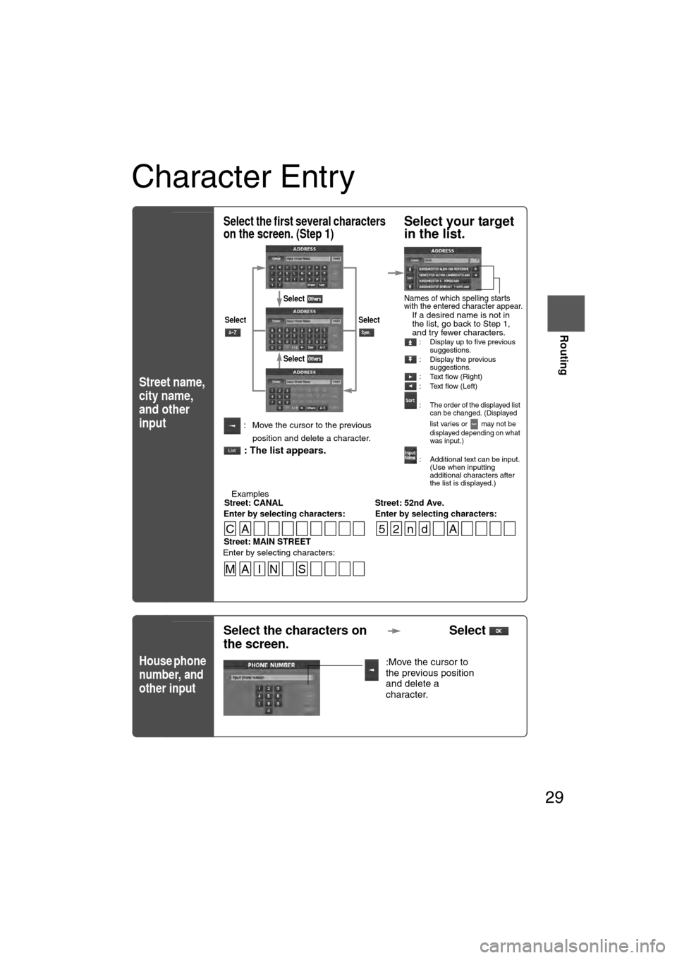 MAZDA MODEL CX-7 2007  Navigation Manual (in English) 29
Routing
If necessary
Rear View 
Monitor
Character Entry
Street name, 
city name, 
and other 
input
House phone 
number, and 
other input
Select the first several characters 
on the screen. (Step 1)