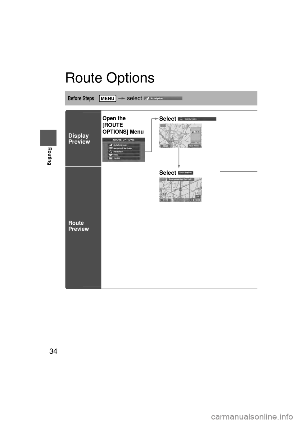 MAZDA MODEL CX-7 2007  Navigation Manual (in English) 34
RoutingAddress
Book
Routing
Route Options
Before Steps  select 
 
Display
Preview
Route
Preview
MENU
Open the 
[ROUTE
OPTIONS] MenuSelect
Select
Use the but
 :Move 
 :
Carry o
will be 
 : Stop t
 :
