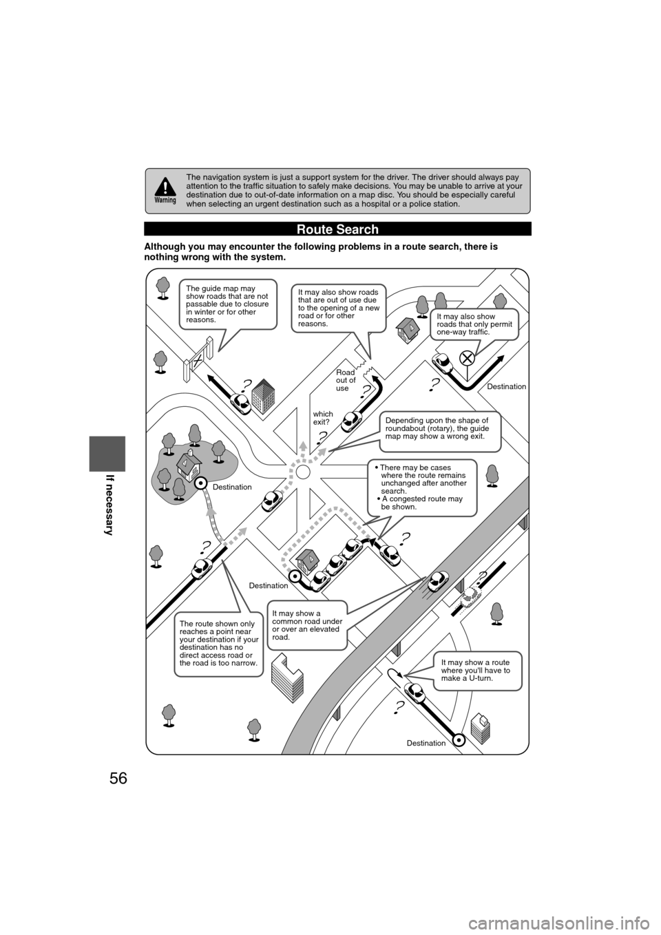 MAZDA MODEL CX-7 2007  Navigation Manual (in English) 56
RoutingAddress
Book
If necessary
Although you may encounter the following problems in a route search, the\
re is 
nothing wrong with the system.
The navigation system is just a support system for t