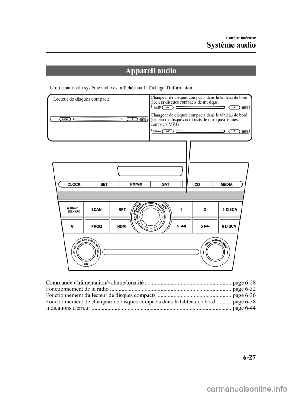 MAZDA MODEL CX-7 2007 Manuel du propriétaire (in French) Black plate (269,1)
Appareil audio
Lecteur de disques compacts Linformation du système audio est affichée sur laffichage dinformation.Changeur de disques compacts dans le tableau de bord
(lecteu MAZDA MODEL CX-7 2007 Manuel du propriétaire (in French) Black plate (269,1)
Appareil audio
Lecteur de disques compacts Linformation du système audio est affichée sur laffichage dinformation.Changeur de disques compacts dans le tableau de bord
(lecteu
