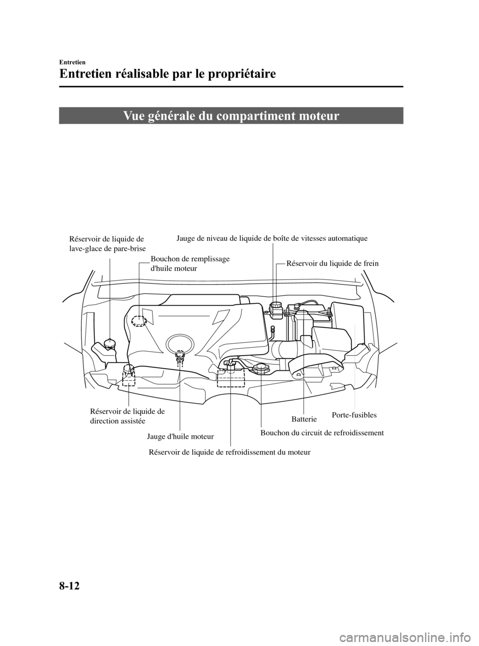 MAZDA MODEL CX-7 2007  Manuel du propriétaire (in French) Black plate (334,1)
Vue générale du compartiment moteur
Réservoir de liquide de 
lave-glace de pare-brise
Bouchon de remplissage 
dhuile moteurJauge de niveau de liquide de boîte de vitesses auto