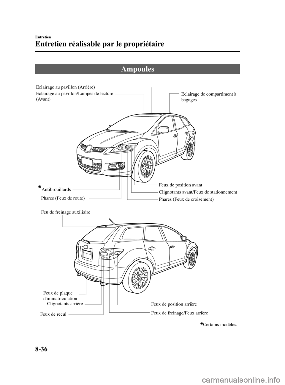 MAZDA MODEL CX-7 2007  Manuel du propriétaire (in French) Black plate (358,1)
Ampoules
Phares (Feux de croisement) Phares (Feux de route)
Feu de freinage auxiliaireAntibrouillards 
Clignotants avant/Feux de stationnement
Certains modèles.
Feux de plaque 
d