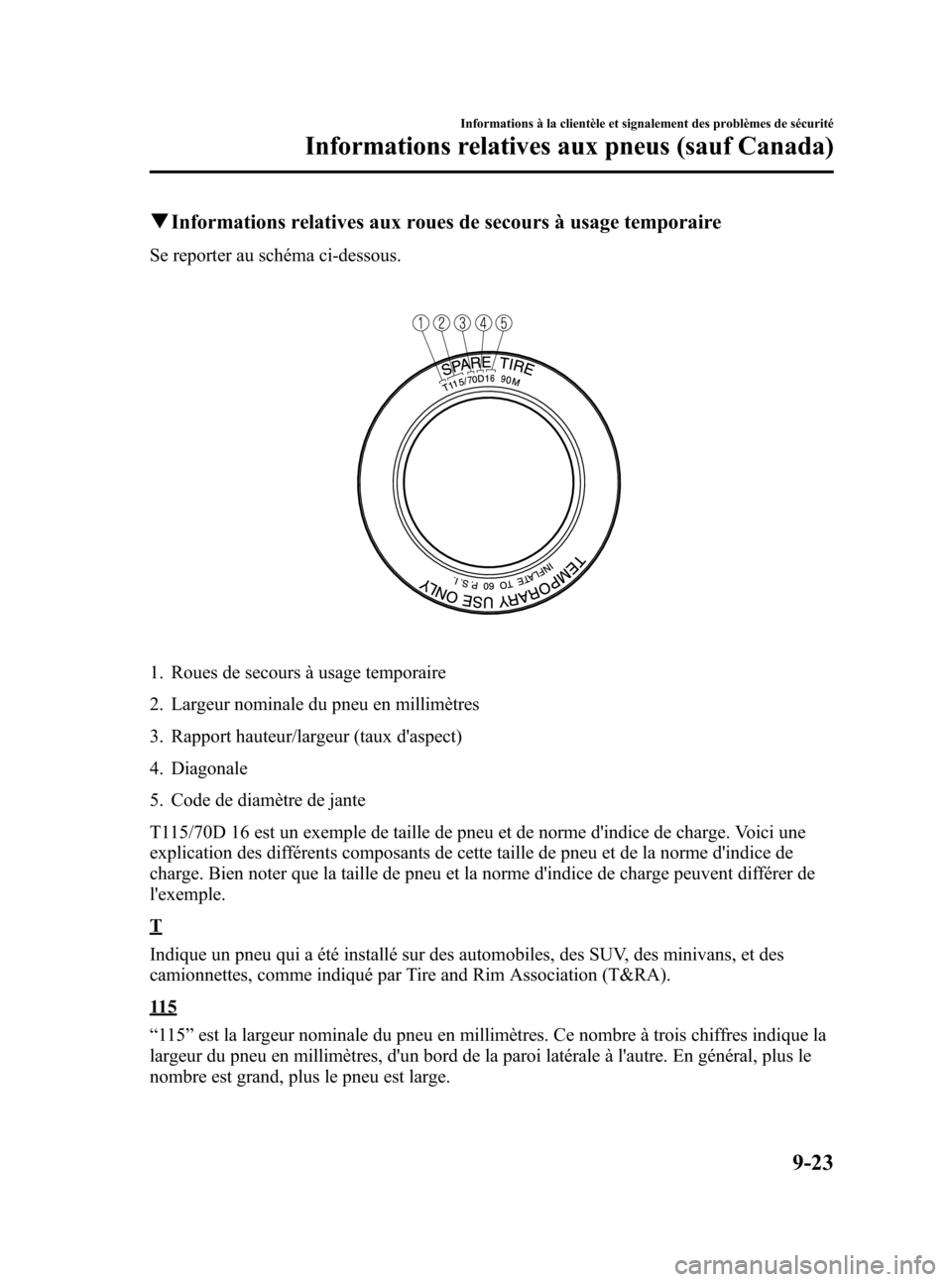 MAZDA MODEL CX-7 2007 Manuel du propriétaire (in French) Black plate (401,1)
qInformations relatives aux roues de secours à usage temporaire
Se reporter au schéma ci-dessous.
1. Roues de secours à usage temporaire
2. Largeur nominale du pneu en millimèt MAZDA MODEL CX-7 2007 Manuel du propriétaire (in French) Black plate (401,1)
qInformations relatives aux roues de secours à usage temporaire
Se reporter au schéma ci-dessous.
1. Roues de secours à usage temporaire
2. Largeur nominale du pneu en millimèt