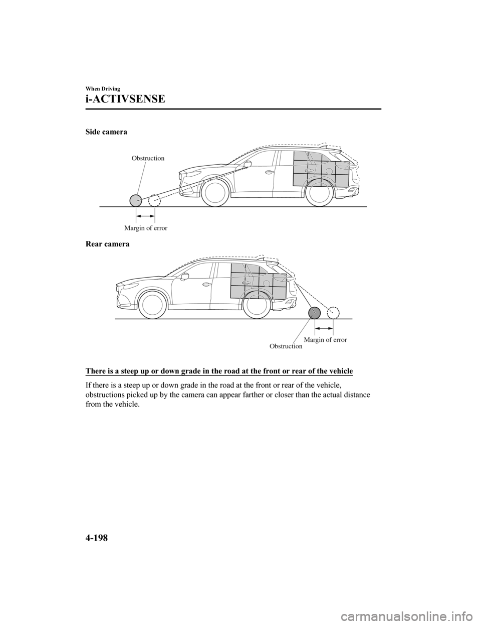 MAZDA MODEL CX-9 2020  Owners Manual (in English) Side camera
Obstruction
Margin of error
Rear camera
Obstruction Margin of error
 
There is a steep up or down grade in the road at the front or rear of the vehicle
If there is a steep up or down grade
