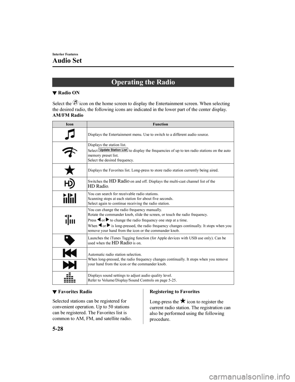 MAZDA MODEL CX-9 2020 Owners Manual (in English) Operating the Radio
▼Radio ON
Select the icon on the home screen to display th
e Entertainment screen. When selecting
the desired radio, the following icons are indica ted in the lower part of the MAZDA MODEL CX-9 2020 Owners Manual (in English) Operating the Radio
▼Radio ON
Select the icon on the home screen to display th
e Entertainment screen. When selecting
the desired radio, the following icons are indica ted in the lower part of the