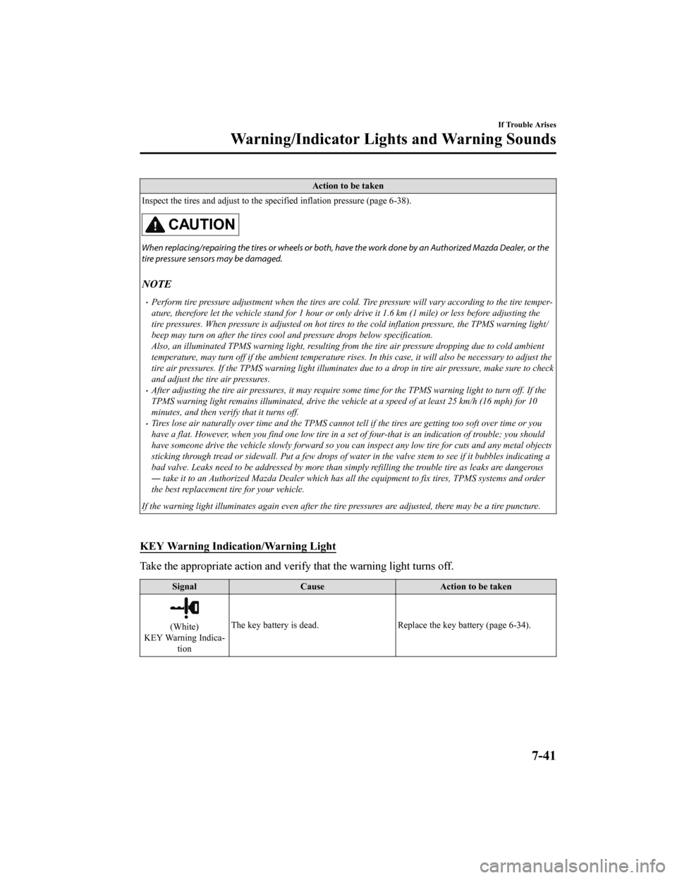 MAZDA MODEL CX-9 2020  Owners Manual (in English) Action to be taken
Inspect the tires and adjust to the sp ecified inflation pressure (page 6-38).
CAUTION
When replacing/repairing the tires or wheels or both, have  the work done by an Authorized Maz