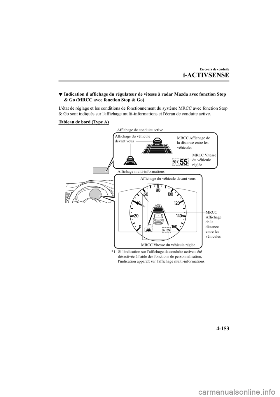 MAZDA MODEL CX-9 2020  Manuel du propriétaire (in French) ▼Indication daffichage du régulateur de vitesse à radar Mazda avec fonction Stop
& Go (MRCC avec fonction Stop & Go)
Létat de réglage et les conditions de fonctionnement du système MRCC avec 