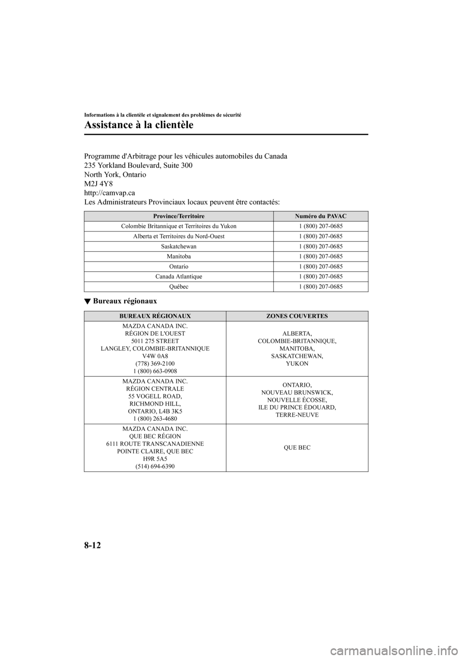 MAZDA MODEL CX-9 2020  Manuel du propriétaire (in French) Programme dArbitrage pour les véhicules automobiles du Canada
235 Yorkland Boulevard, Suite 300
North York, Ontario
M2J 4Y8
http://camvap.ca
Les Administrateurs Provinciaux locaux peuvent être cont
