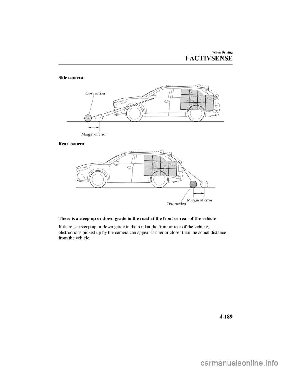 MAZDA MODEL CX-9 2019  Owners Manual (in English) Side camera
Obstruction
Margin of error
Rear camera
Obstruction Margin of error
 
There is a steep up or down grade in the road at the front or r
ear of the vehicle
If there is a steep up or down grad