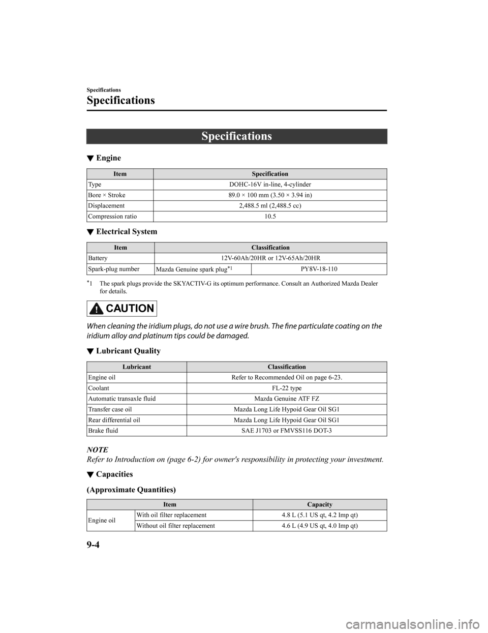 MAZDA MODEL CX-9 2019  Owners Manual (in English) Specifications
▼Engine
Item
Specification
Type DOHC-16V in-line, 4-cylinder
Bore × Stroke 89.0 × 100 mm (3.50 × 3.94 in)
Displacement 2,488.5 ml (2,488.5 cc)
Compression ratio 10.5
▼Electrical 