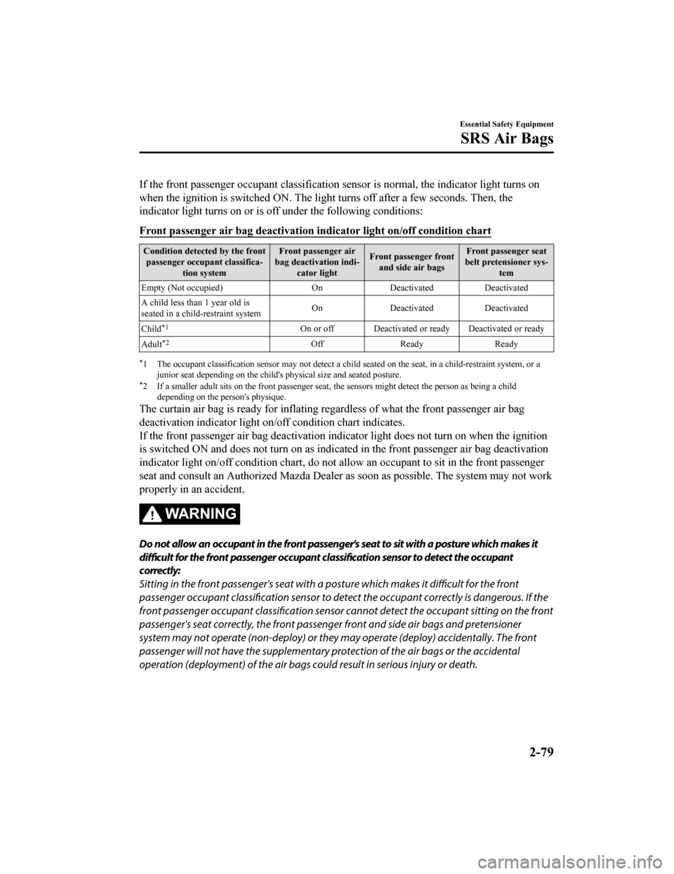 MAZDA MODEL CX-9 2019  Owners Manual (in English) If the front passenger occupant classification sensor is normal, the indicator light turns on
when the ignition is switched ON. The light turns off after a f ew seconds. Then, the
indicator light turn