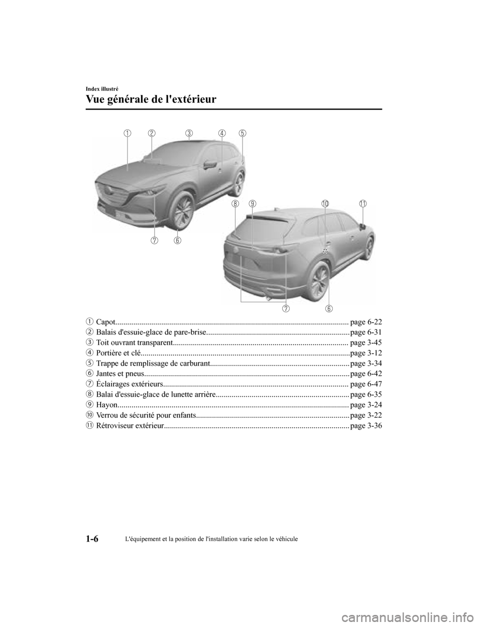 MAZDA MODEL CX-9 2019  Manuel du propriétaire (in French) ƒCapot..................................................................................................................... page  6-22
„ Balais dessuie-glace de p are-brise......................