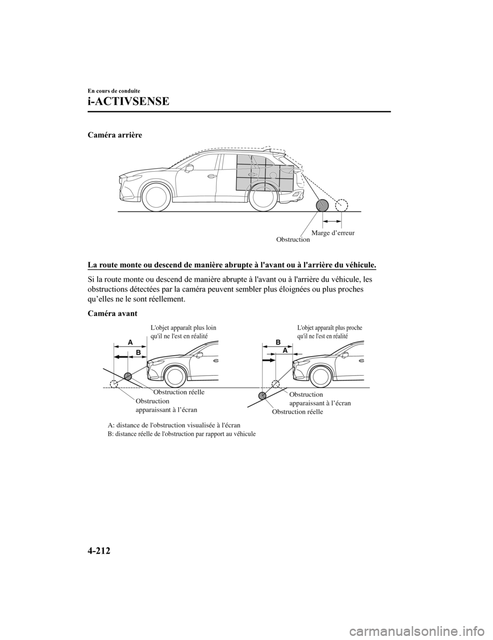 MAZDA MODEL CX-9 2019 Manuel du propriétaire (in French) Caméra arrière
ObstructionMarge d’erreur
La route monte ou descend de man
ière abrupte à lavant ou à larrière du véhicule.
Si la route monte ou descend de manière abrupte à lavant ou MAZDA MODEL CX-9 2019 Manuel du propriétaire (in French) Caméra arrière
ObstructionMarge d’erreur
La route monte ou descend de man
ière abrupte à lavant ou à larrière du véhicule.
Si la route monte ou descend de manière abrupte à lavant ou