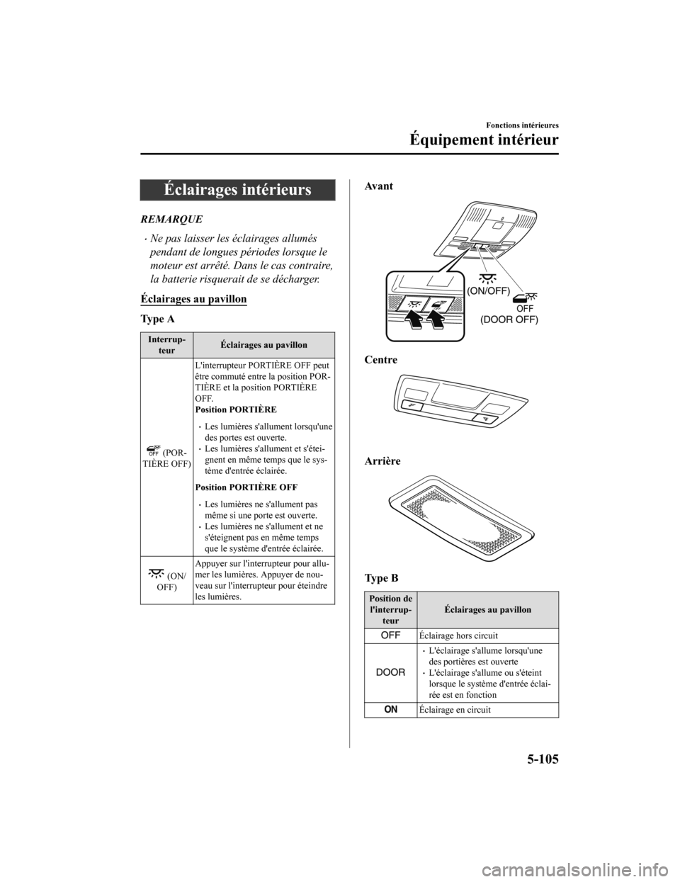MAZDA MODEL CX-9 2019  Manuel du propriétaire (in French) Éclairages intérieurs
REMARQUE
Ne pas laisser les éclairages allumés
pendant de longues périodes lorsque le
moteur est arrêté. Dans le cas contraire,
la batterie risquerait de se décharger.