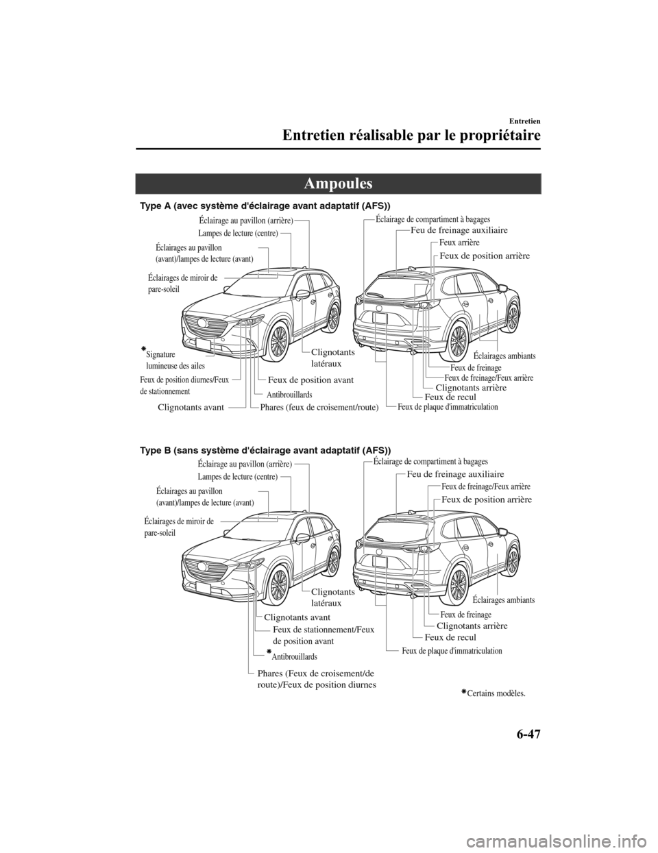 MAZDA MODEL CX-9 2019  Manuel du propriétaire (in French) Ampoules
Type A (avec système déclairage avant adaptatif (AFS))
Type B (sans système déclairage avant adaptatif (AFS))Feux de position arrière
Clignotants arrière
Feux de freinage
Feux de plaq