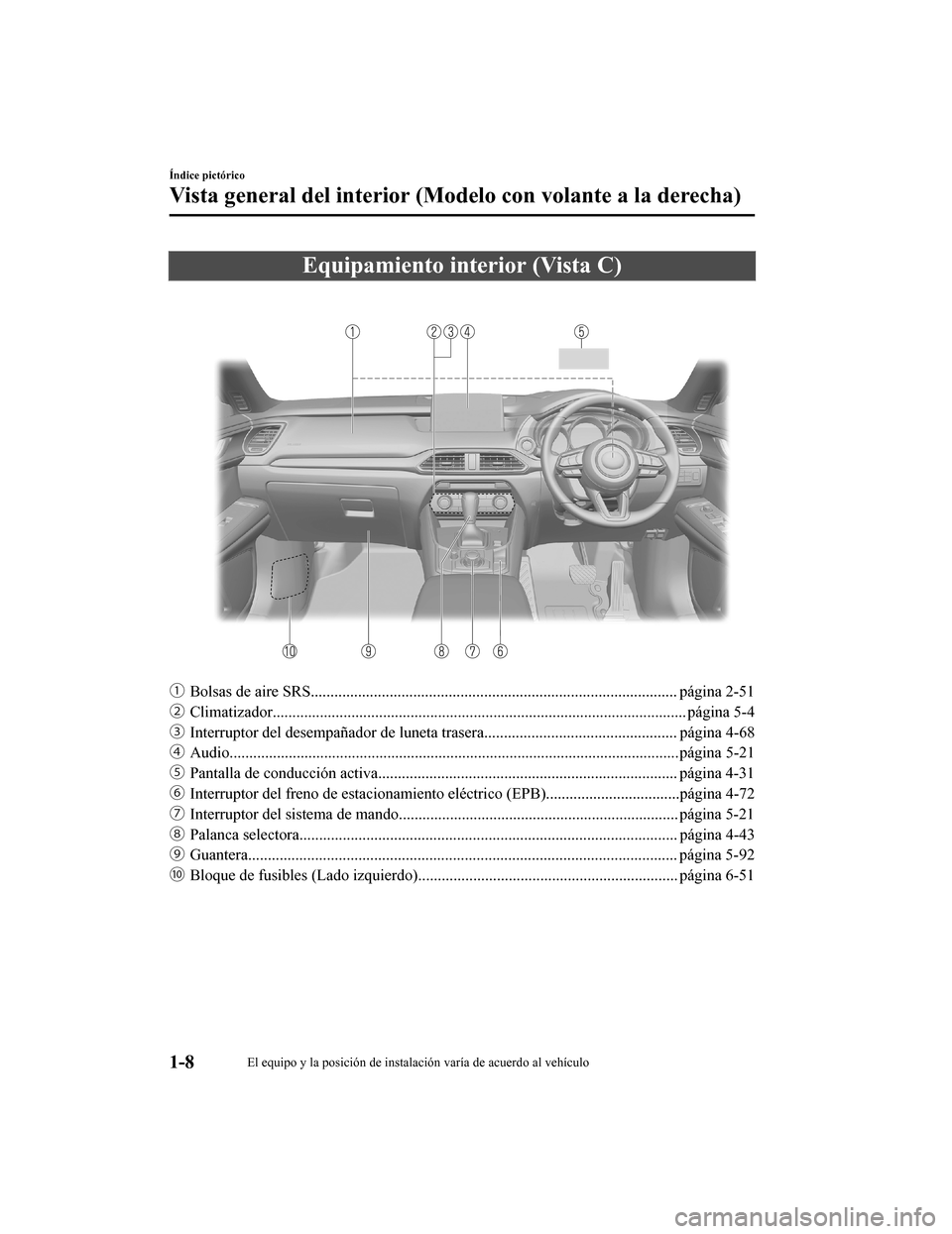 MAZDA MODEL CX-9 2019  Manual del propietario (in Spanish)  Equipamiento interior (Vista C)
ƒBolsas de aire SRS............................................. ................................................ página 2-51
„ Climatizador......................