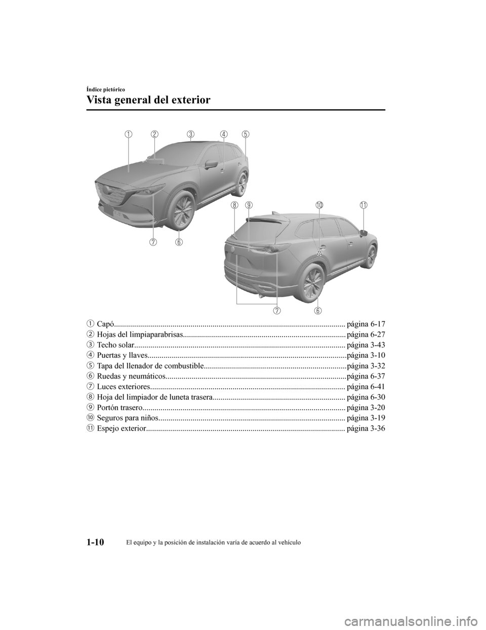 MAZDA MODEL CX-9 2019  Manual del propietario (in Spanish)  ƒCapó................................................................................................................... página  6-17
„ Hojas del limpiaparabrisas...............................