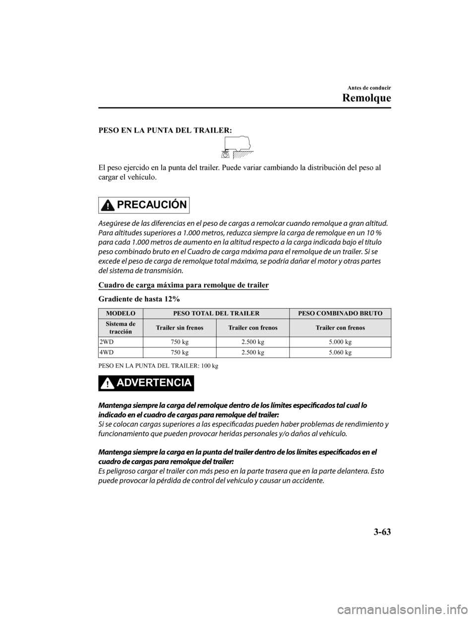 MAZDA MODEL CX-9 2019 Manual del propietario (in Spanish) PESO EN LA PUNTA DEL TRAILER:
El peso ejercido en la punta del trailer. Puede variar cambiando la distribución del peso al
cargar el vehículo.
PRECAUCIÓN
Asegúrese de las diferencias en el peso MAZDA MODEL CX-9 2019 Manual del propietario (in Spanish) PESO EN LA PUNTA DEL TRAILER:
El peso ejercido en la punta del trailer. Puede variar cambiando la distribución del peso al
cargar el vehículo.
PRECAUCIÓN
Asegúrese de las diferencias en el peso