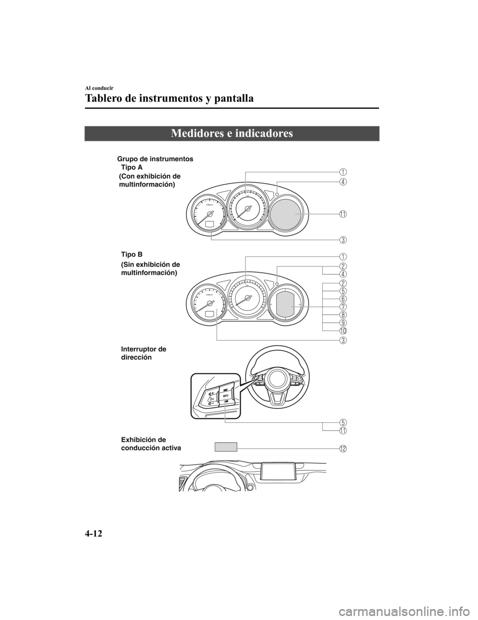 MAZDA MODEL CX-9 2019 Manual del propietario (in Spanish) Medidores e indicadores
Grupo de instrumentosTipo A
(Con exhibición de
multinformación)
(Sin exhibición de
multinformación) Tipo B
Interruptor de
dirección
Exhibición de
conducción activa MAZDA MODEL CX-9 2019 Manual del propietario (in Spanish) Medidores e indicadores
Grupo de instrumentosTipo A
(Con exhibición de
multinformación)
(Sin exhibición de
multinformación) Tipo B
Interruptor de
dirección
Exhibición de
conducción activa