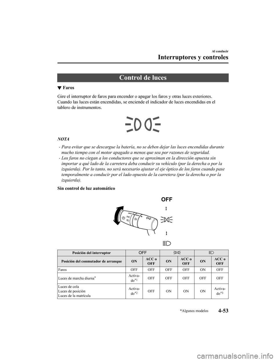 MAZDA MODEL CX-9 2019 Manual del propietario (in Spanish) Control de luces
▼Faros
Gire el interruptor de faros para
encender o apagar los faros y otras luces exteriores.
Cuando las luces están encendidas, se enciende el indicador de luces encendidas en MAZDA MODEL CX-9 2019 Manual del propietario (in Spanish) Control de luces
▼Faros
Gire el interruptor de faros para
encender o apagar los faros y otras luces exteriores.
Cuando las luces están encendidas, se enciende el indicador de luces encendidas en