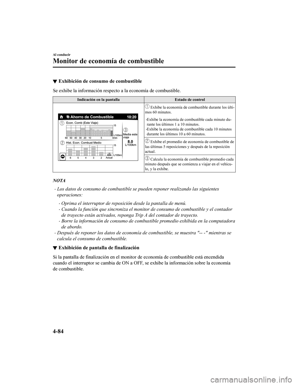 MAZDA MODEL CX-9 2019 Manual del propietario (in Spanish) ▼Exhibición de consumo de combustible
Se exhibe la información respecto a la economía de combustible.
Indicación en la pantalla
Estado de control
Exhibe la economía de combustible durante los MAZDA MODEL CX-9 2019 Manual del propietario (in Spanish) ▼Exhibición de consumo de combustible
Se exhibe la información respecto a la economía de combustible.
Indicación en la pantalla
Estado de control
Exhibe la economía de combustible durante los