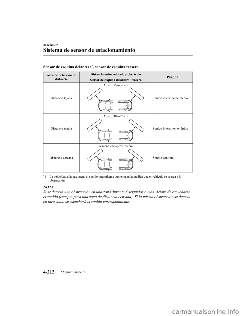 MAZDA MODEL CX-9 2019 Manual del propietario (in Spanish) Sensor de esquina delantera*, sensor de esquina trasera
Área de detección de
distancia Distancia entre vehículo y obstáculo
Pitido*1Sensor de esquina delantero*/trasero
Distancia lejana Aprox. 55 MAZDA MODEL CX-9 2019 Manual del propietario (in Spanish) Sensor de esquina delantera*, sensor de esquina trasera
Área de detección de
distancia Distancia entre vehículo y obstáculo
Pitido*1Sensor de esquina delantero*/trasero
Distancia lejana Aprox. 55